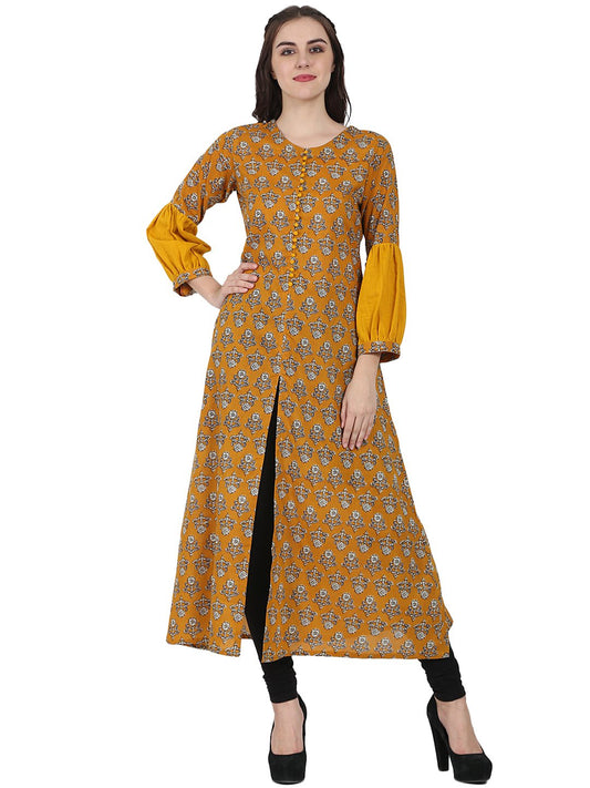 Yellow Printed Full Sleeve Cotton A-Line Kurta With Centre Slit | LASVINI - Redefining Indian Fashion with Elegance