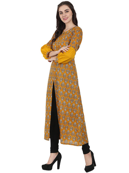 Yellow Printed Full Sleeve Cotton A-Line Kurta With Centre Slit | LASVINI - Redefining Indian Fashion with Elegance