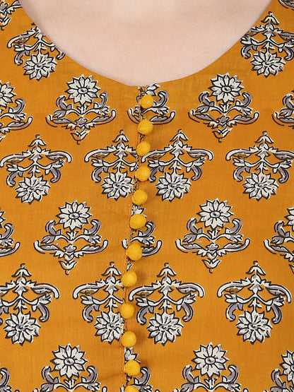 Yellow Printed Full Sleeve Cotton A-Line Kurta With Centre Slit | LASVINI - Redefining Indian Fashion with Elegance