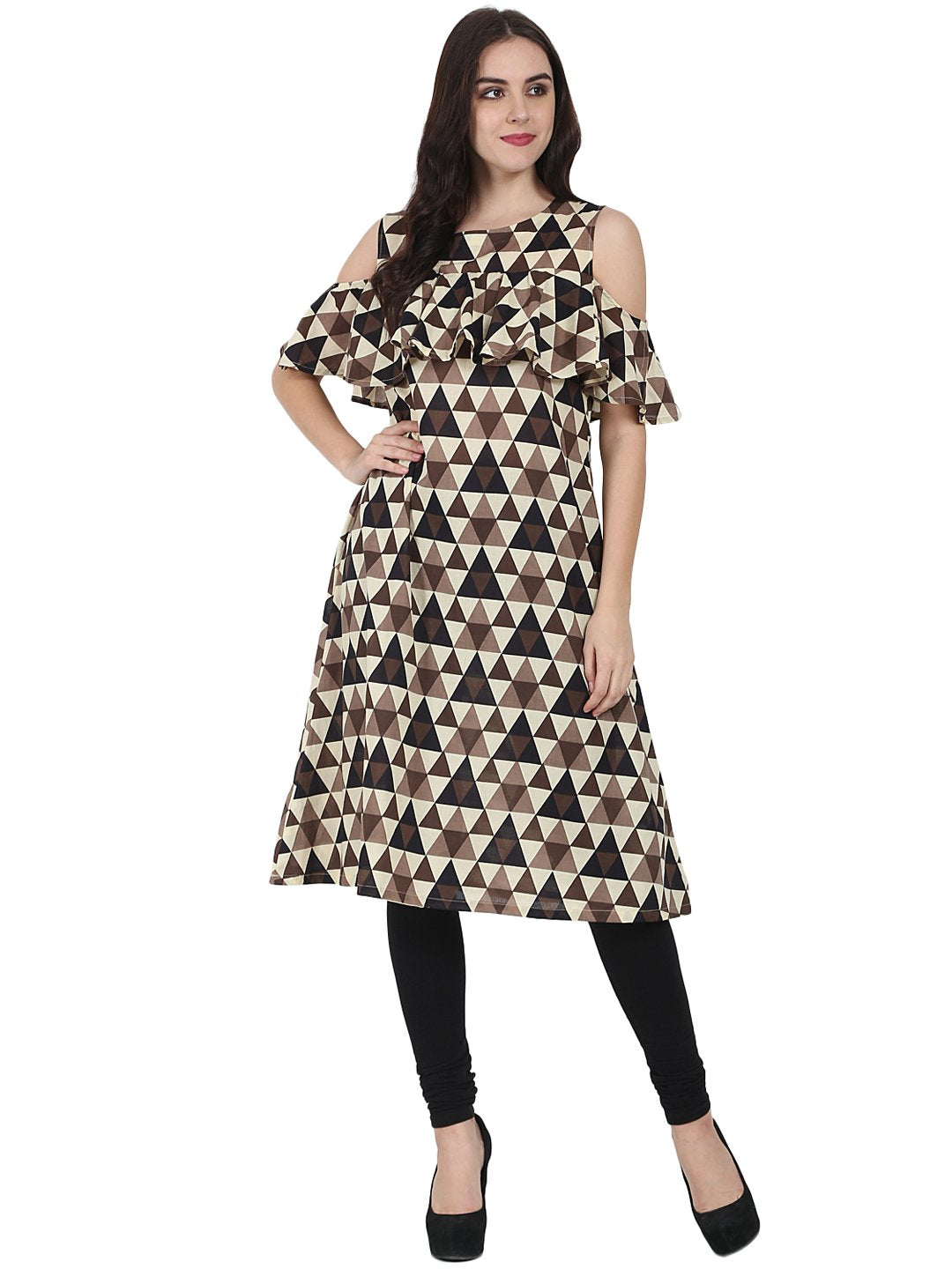 Brown Printed Half Sleeve Cold Shoulder Cotton A-Line Kurta | LASVINI - Redefining Indian Fashion with Elegance