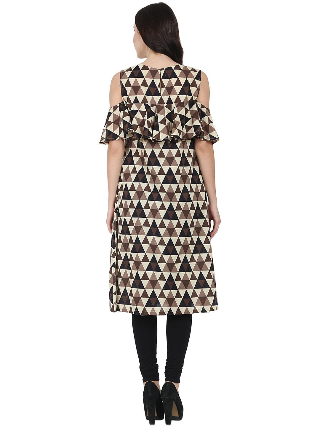 Brown Printed Half Sleeve Cold Shoulder Cotton A-Line Kurta | LASVINI - Redefining Indian Fashion with Elegance