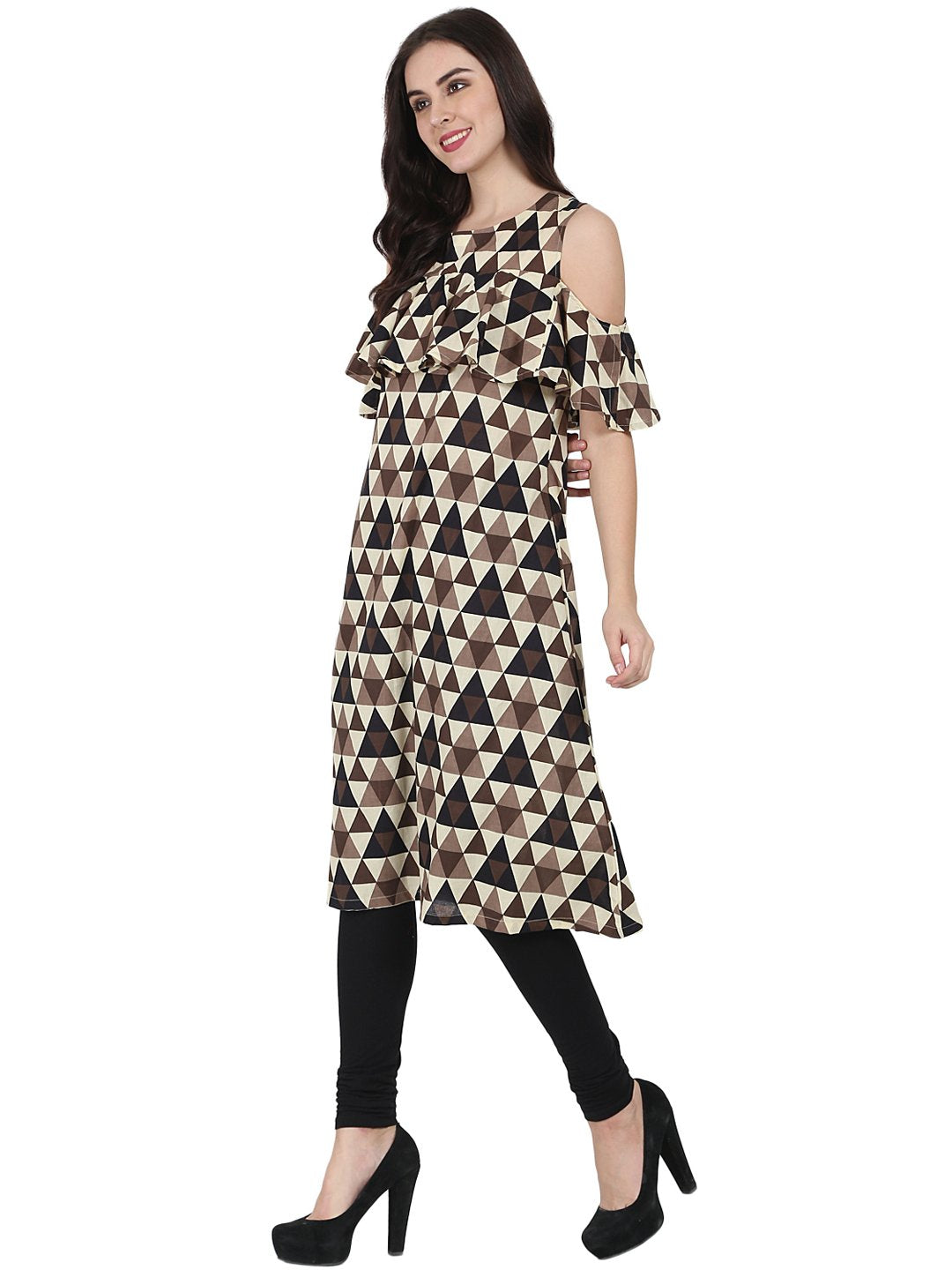Brown Printed Half Sleeve Cold Shoulder Cotton A-Line Kurta | LASVINI - Redefining Indian Fashion with Elegance