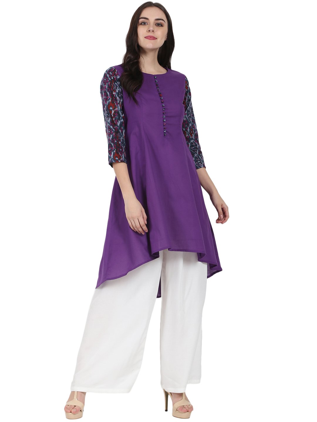 Purple 3/4Th Sleeve Cotton A-Line Kurta | LASVINI - Redefining Indian Fashion with Elegance