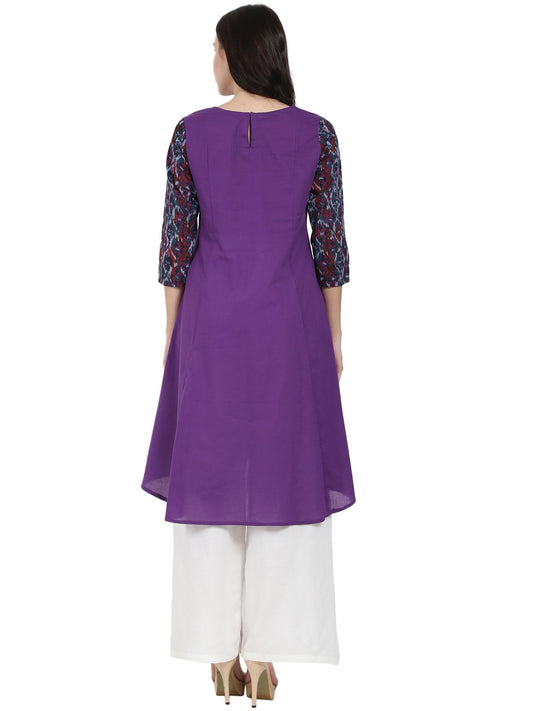 Purple 3/4Th Sleeve Cotton A-Line Kurta | LASVINI - Redefining Indian Fashion with Elegance