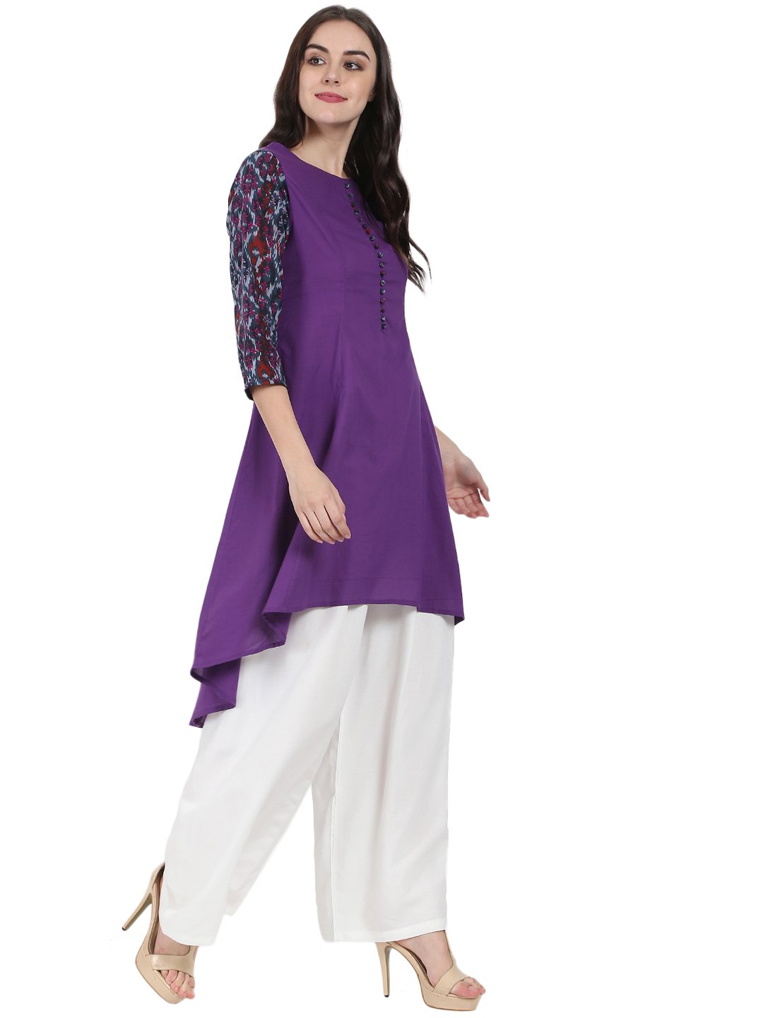 Purple 3/4Th Sleeve Cotton A-Line Kurta | LASVINI - Redefining Indian Fashion with Elegance