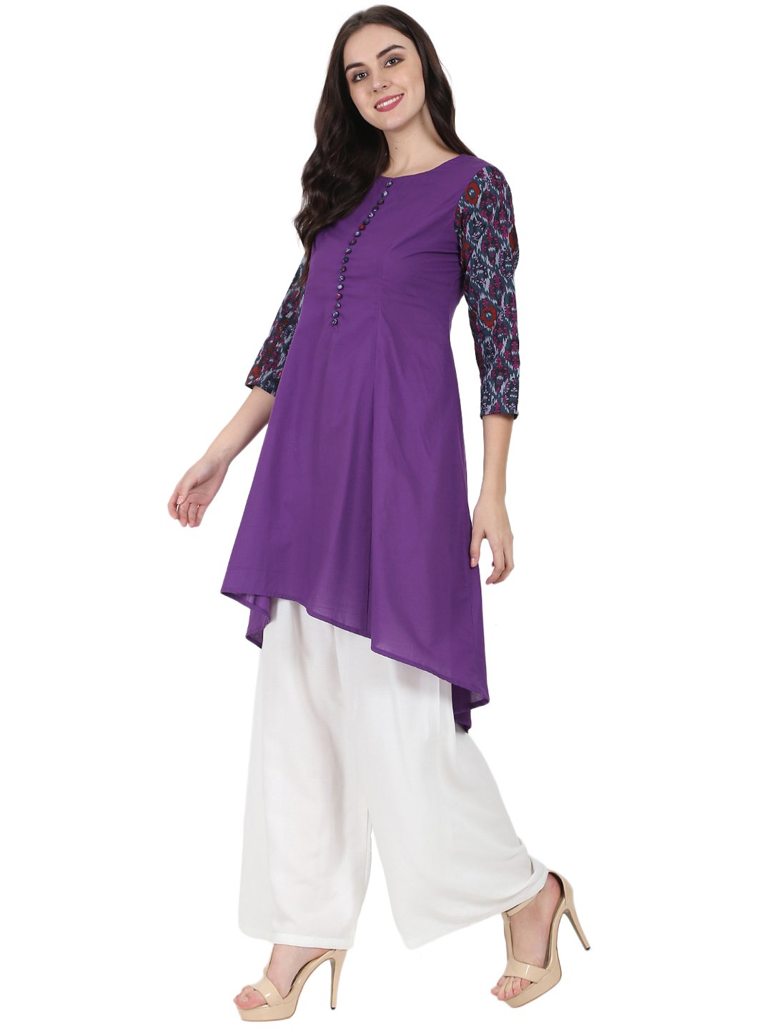 Purple 3/4Th Sleeve Cotton A-Line Kurta | LASVINI - Redefining Indian Fashion with Elegance