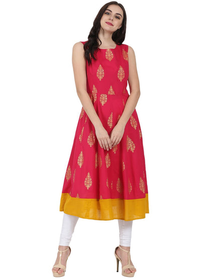 Red Printed Sleeveless Cotton Anarkali Kurta | LASVINI - Redefining Indian Fashion with Elegance
