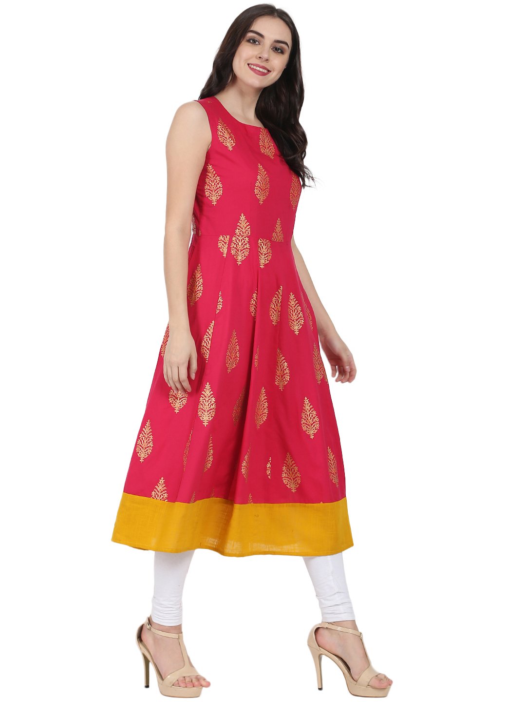 Red Printed Sleeveless Cotton Anarkali Kurta | LASVINI - Redefining Indian Fashion with Elegance