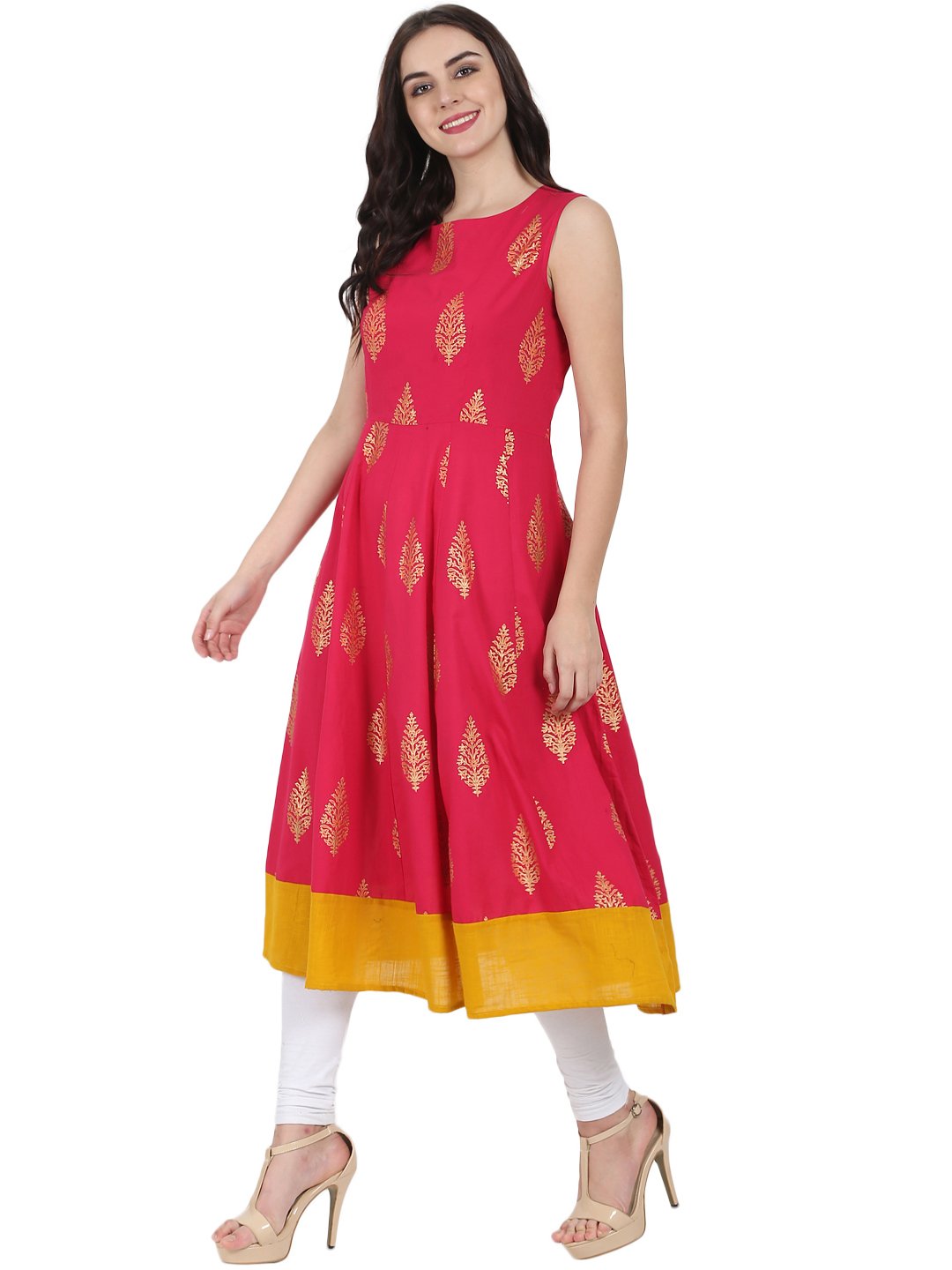Red Printed Sleeveless Cotton Anarkali Kurta | LASVINI - Redefining Indian Fashion with Elegance