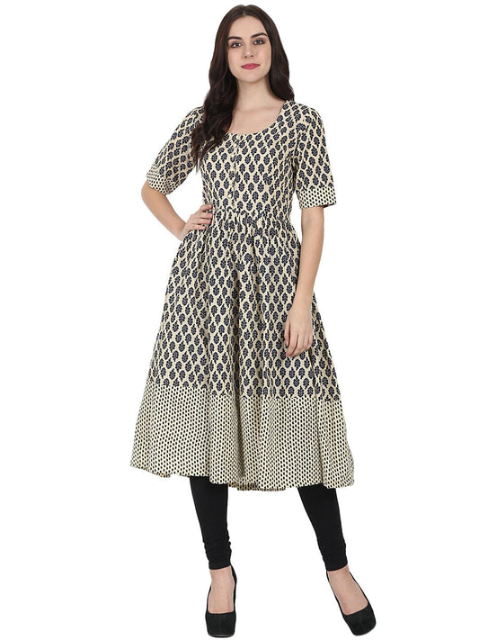 Beige & Blue Printed Half Sleeve Cotton Anarkali Kurta | LASVINI - Redefining Indian Fashion with Elegance