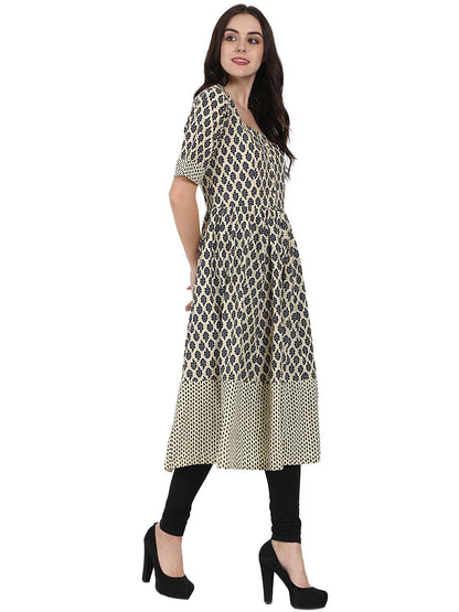Beige & Blue Printed Half Sleeve Cotton Anarkali Kurta | LASVINI - Redefining Indian Fashion with Elegance