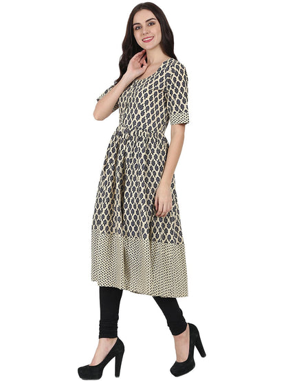 Beige & Blue Printed Half Sleeve Cotton Anarkali Kurta | LASVINI - Redefining Indian Fashion with Elegance