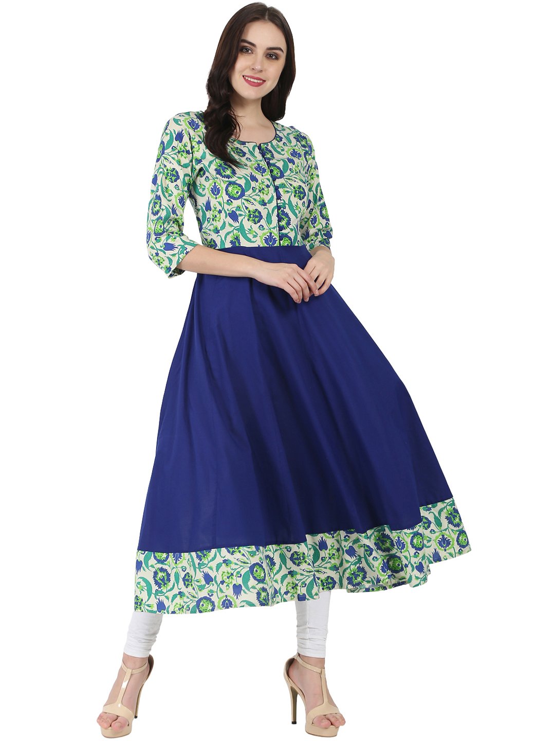 Blue & Green Printed 3/4Th Sleeve Rayon Anarkali Kurta | LASVINI - Redefining Indian Fashion with Elegance
