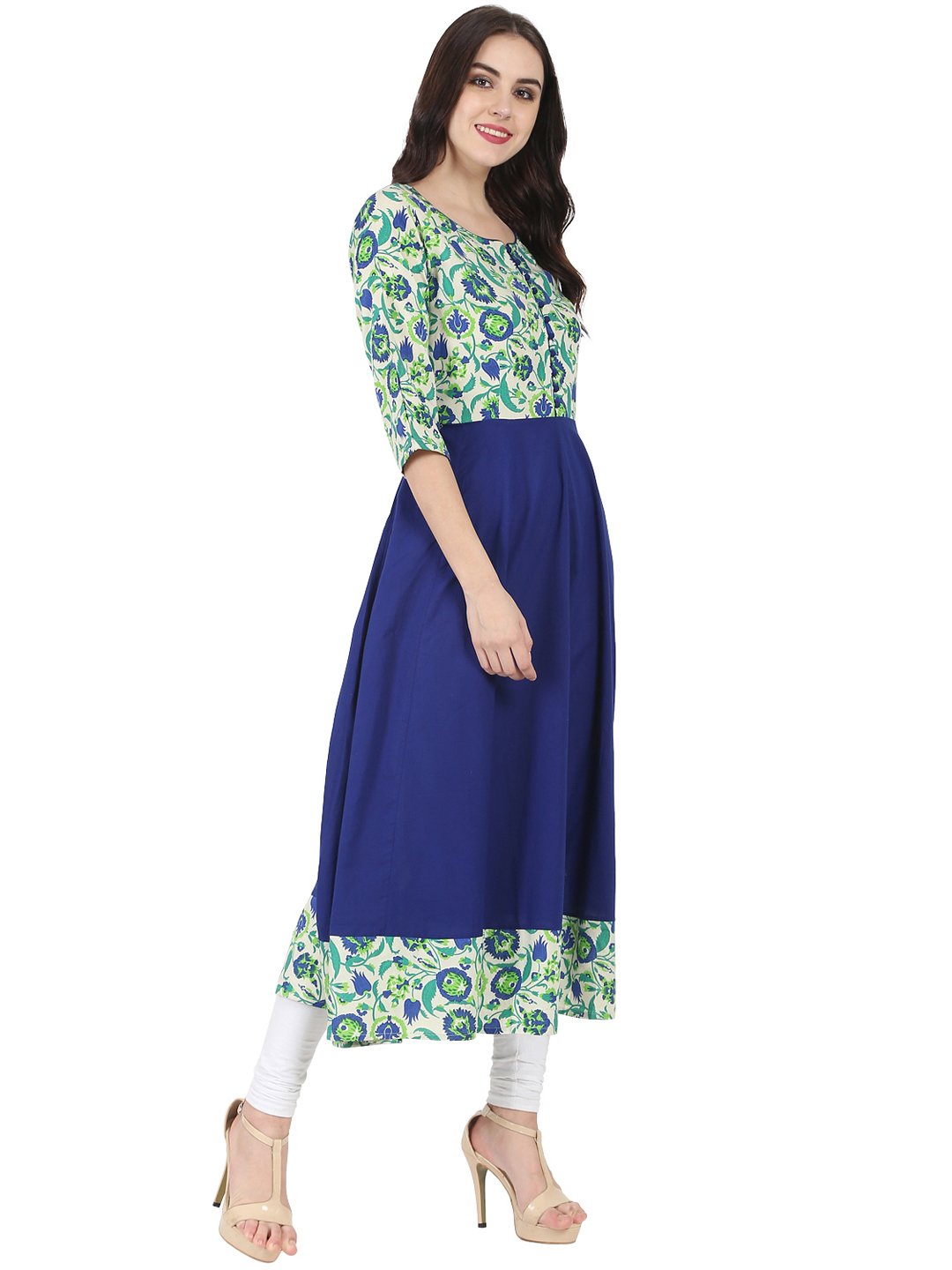 Blue & Green Printed 3/4Th Sleeve Rayon Anarkali Kurta | LASVINI - Redefining Indian Fashion with Elegance