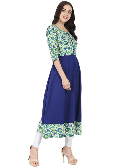 Blue & Green Printed 3/4Th Sleeve Rayon Anarkali Kurta | LASVINI - Redefining Indian Fashion with Elegance