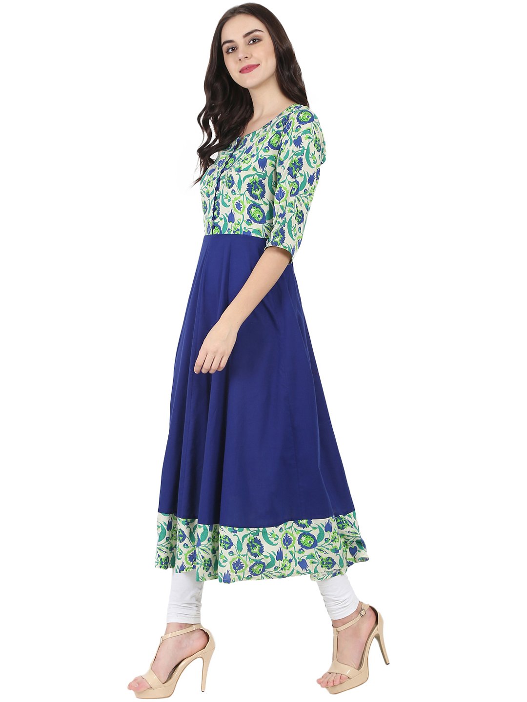 Blue & Green Printed 3/4Th Sleeve Rayon Anarkali Kurta | LASVINI - Redefining Indian Fashion with Elegance