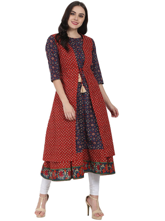 Blue Printed 3/4Th Sleeve Cotton Anarkali Kurta With Red Printed Sleeveless Long Jacket | LASVINI - Redefining Indian Fashion with Elegance