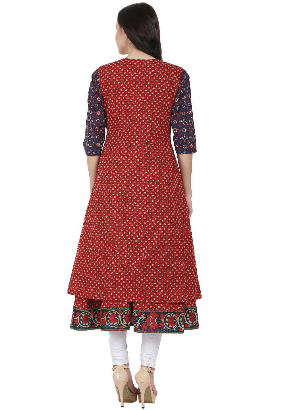 Blue Printed 3/4Th Sleeve Cotton Anarkali Kurta With Red Printed Sleeveless Long Jacket | LASVINI - Redefining Indian Fashion with Elegance