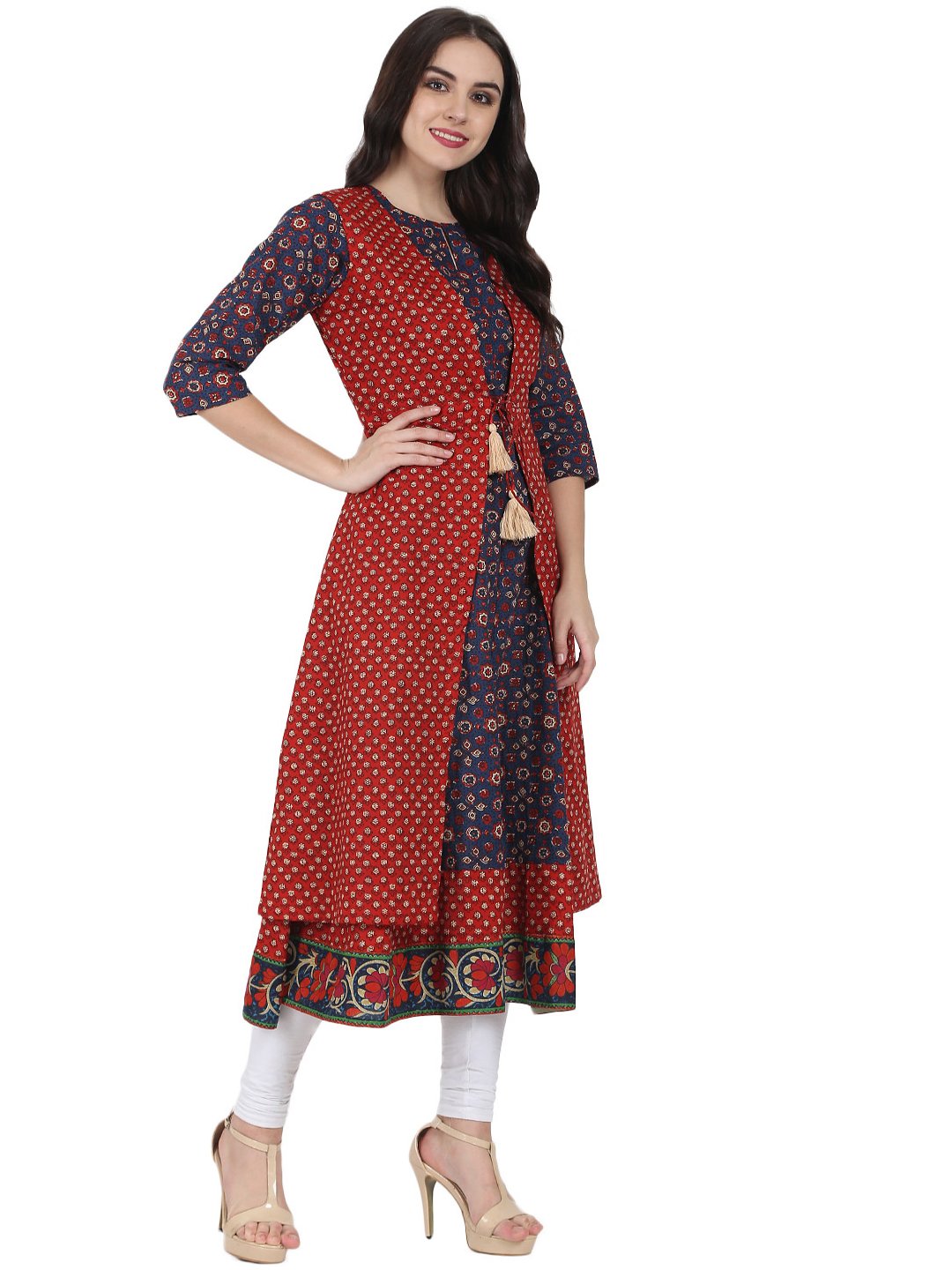 Blue Printed 3/4Th Sleeve Cotton Anarkali Kurta With Red Printed Sleeveless Long Jacket | LASVINI - Redefining Indian Fashion with Elegance