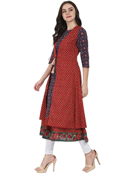 Blue Printed 3/4Th Sleeve Cotton Anarkali Kurta With Red Printed Sleeveless Long Jacket | LASVINI - Redefining Indian Fashion with Elegance