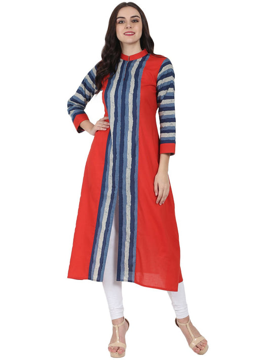 Blue & Red Printed 3/4Th Sleeve Long Cotton Kurta | LASVINI - Redefining Indian Fashion with Elegance