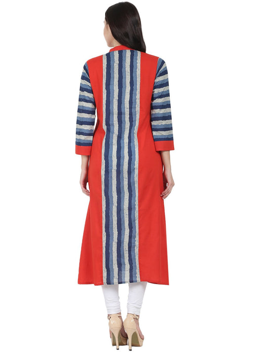 Blue & Red Printed 3/4Th Sleeve Long Cotton Kurta | LASVINI - Redefining Indian Fashion with Elegance
