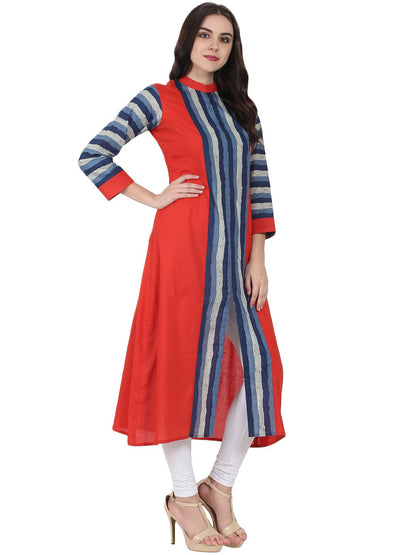 Blue & Red Printed 3/4Th Sleeve Long Cotton Kurta | LASVINI - Redefining Indian Fashion with Elegance