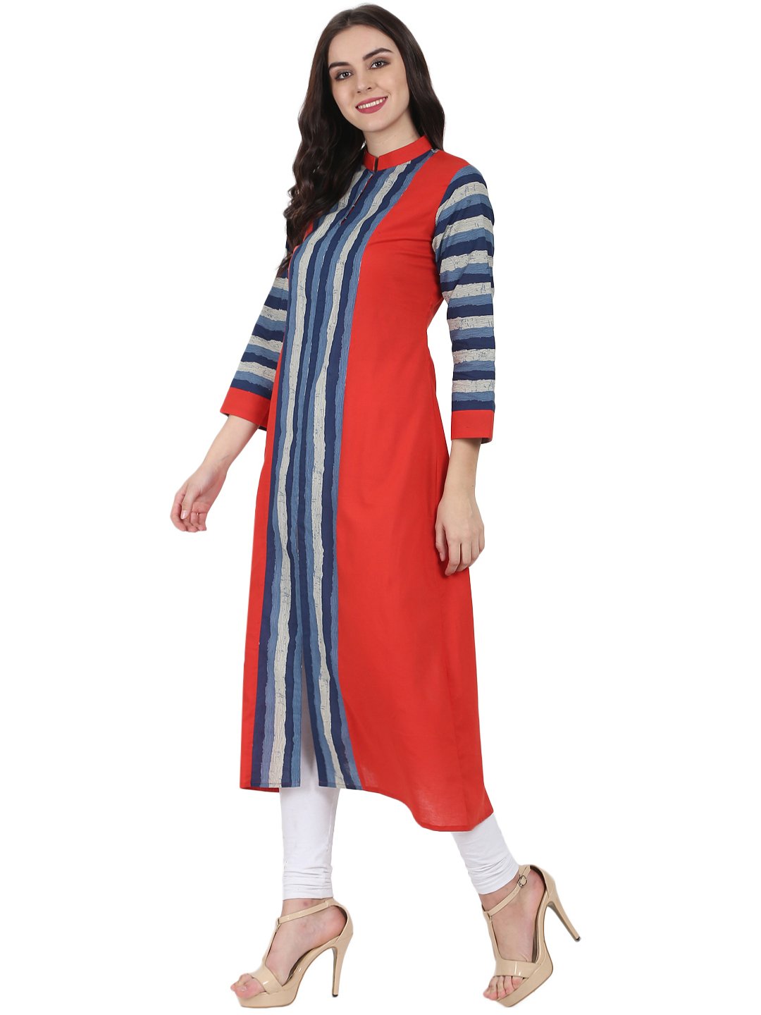 Blue & Red Printed 3/4Th Sleeve Long Cotton Kurta | LASVINI - Redefining Indian Fashion with Elegance