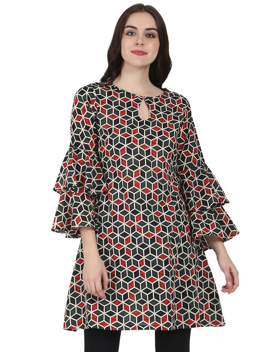 Green Printed Full Sleeve Cotton A-Line Tunic With Flared Sleeve | LASVINI - Redefining Indian Fashion with Elegance