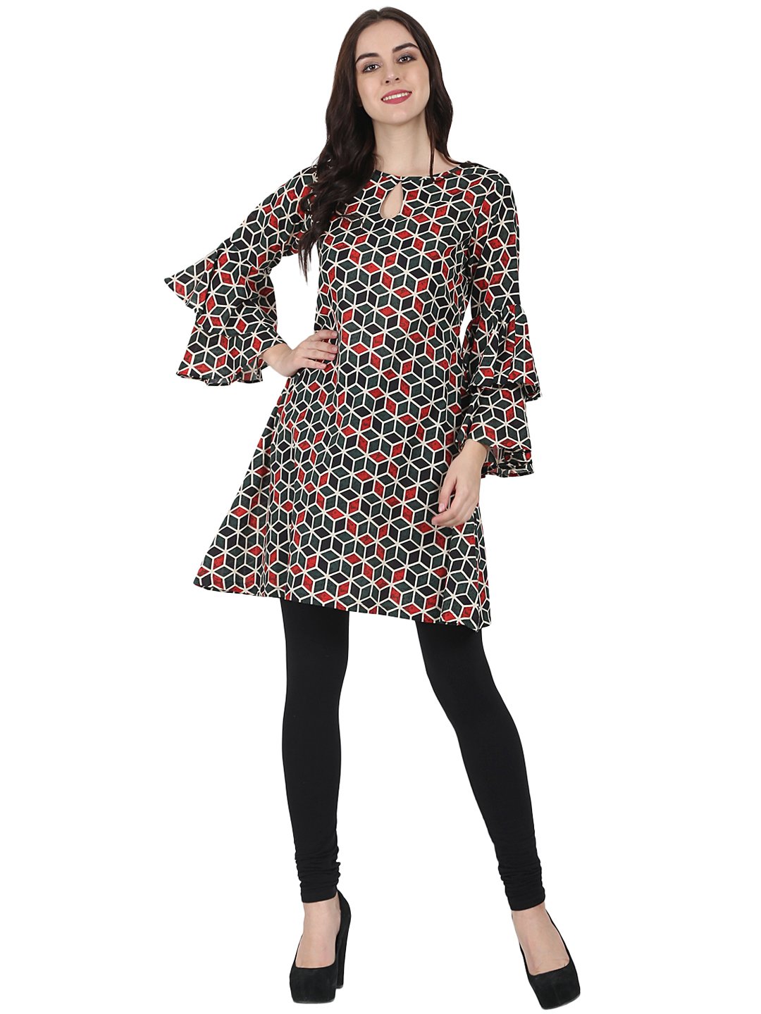 Green Printed Full Sleeve Cotton A-Line Tunic With Flared Sleeve | LASVINI - Redefining Indian Fashion with Elegance
