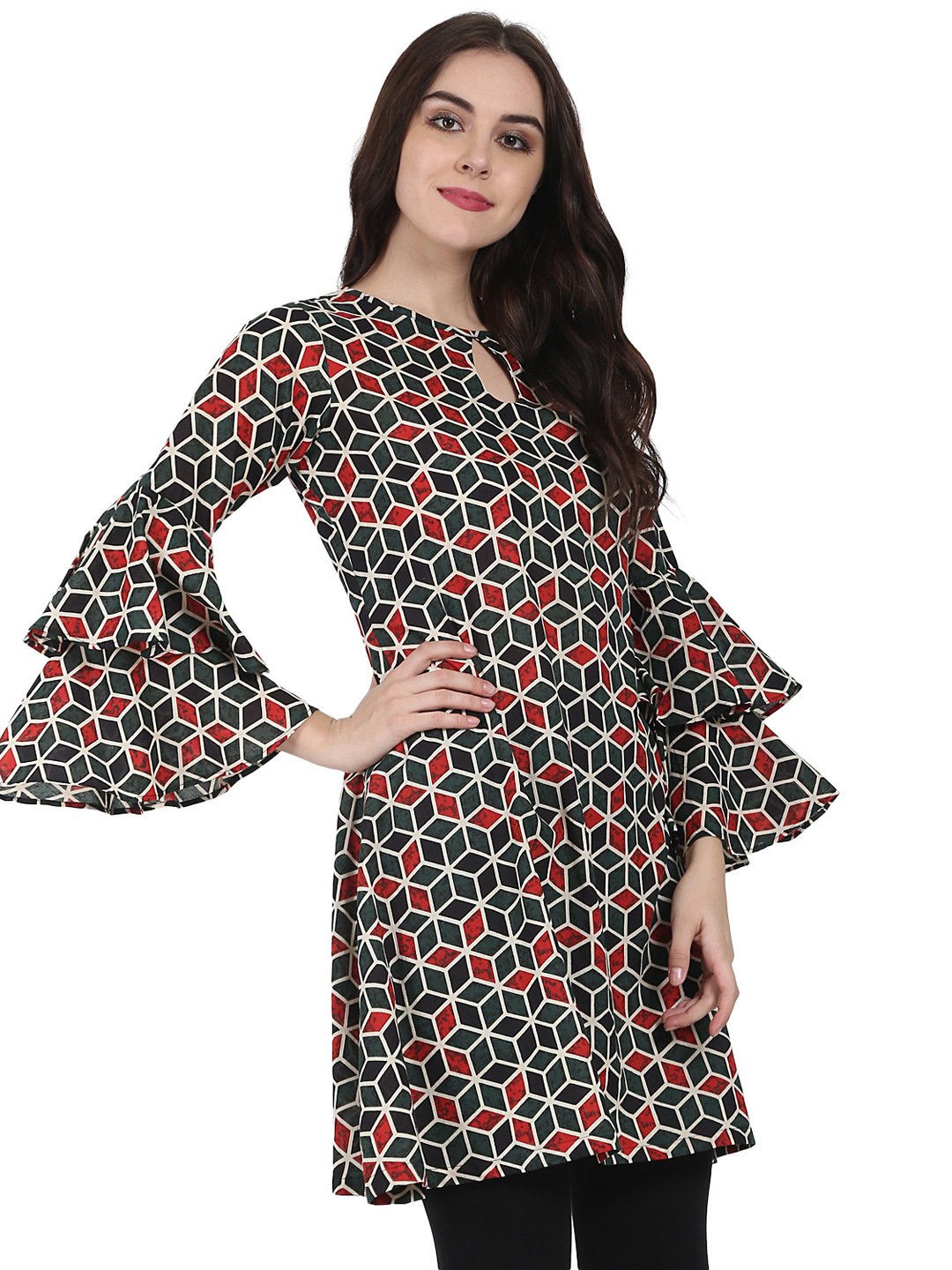 Green Printed Full Sleeve Cotton A-Line Tunic With Flared Sleeve | LASVINI - Redefining Indian Fashion with Elegance