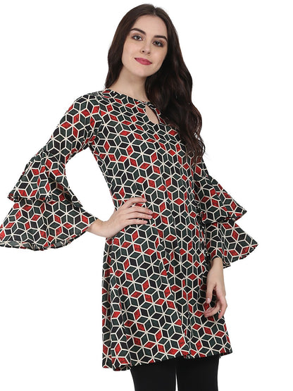 Green Printed Full Sleeve Cotton A-Line Tunic With Flared Sleeve | LASVINI - Redefining Indian Fashion with Elegance