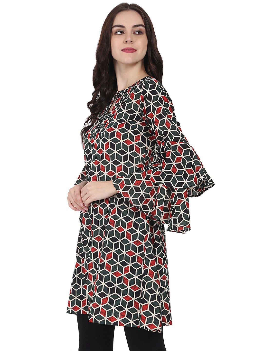 Green Printed Full Sleeve Cotton A-Line Tunic With Flared Sleeve | LASVINI - Redefining Indian Fashion with Elegance