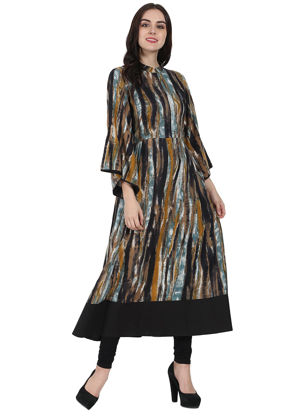 Multi Printed Full Sleeve Cotton Anarkali Kurta With Flared Sleeve | LASVINI - Redefining Indian Fashion with Elegance