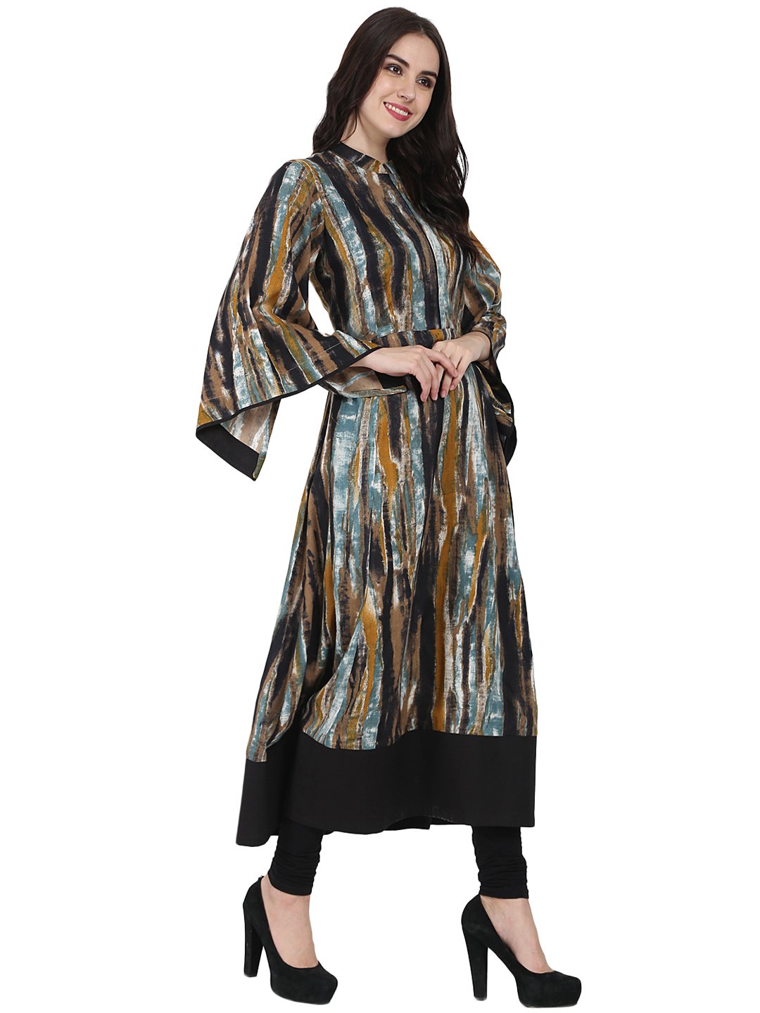 Multi Printed Full Sleeve Cotton Anarkali Kurta With Flared Sleeve | LASVINI - Redefining Indian Fashion with Elegance