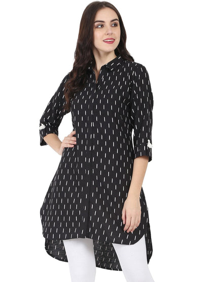 Black Printed 3/4Th Sleeve Cotton Slub Low-High Kurta | LASVINI - Redefining Indian Fashion with Elegance
