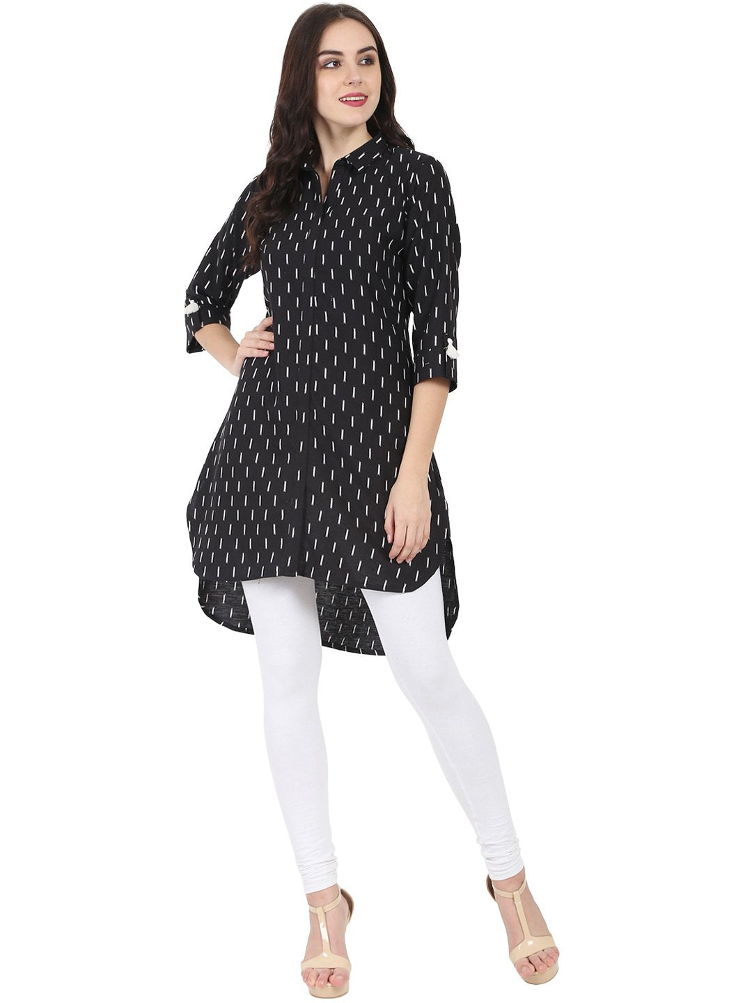 Black Printed 3/4Th Sleeve Cotton Slub Low-High Kurta | LASVINI - Redefining Indian Fashion with Elegance