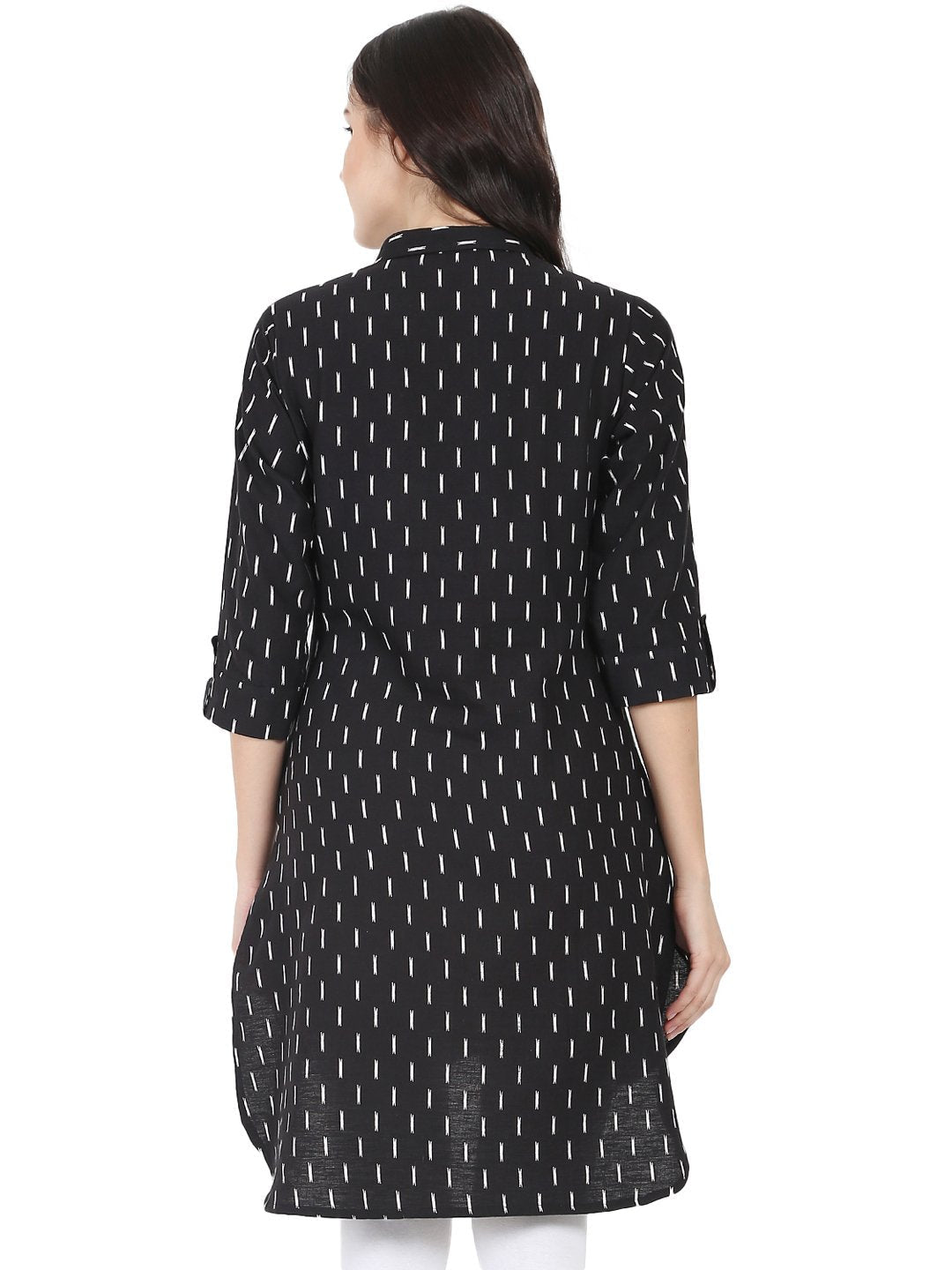 Black Printed 3/4Th Sleeve Cotton Slub Low-High Kurta | LASVINI - Redefining Indian Fashion with Elegance