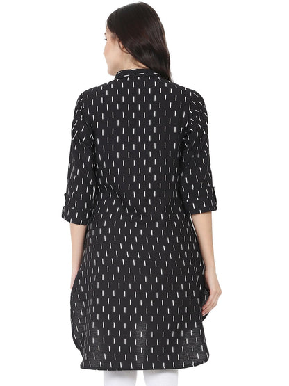 Black Printed 3/4Th Sleeve Cotton Slub Low-High Kurta | LASVINI - Redefining Indian Fashion with Elegance