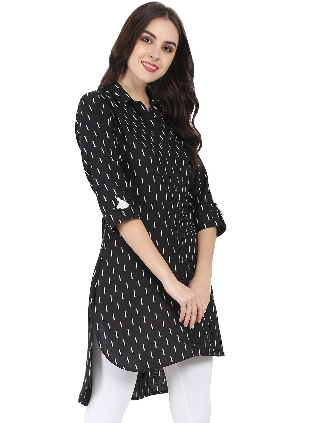 Black Printed 3/4Th Sleeve Cotton Slub Low-High Kurta | LASVINI - Redefining Indian Fashion with Elegance