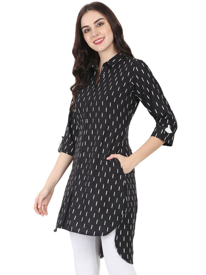 Black Printed 3/4Th Sleeve Cotton Slub Low-High Kurta | LASVINI - Redefining Indian Fashion with Elegance