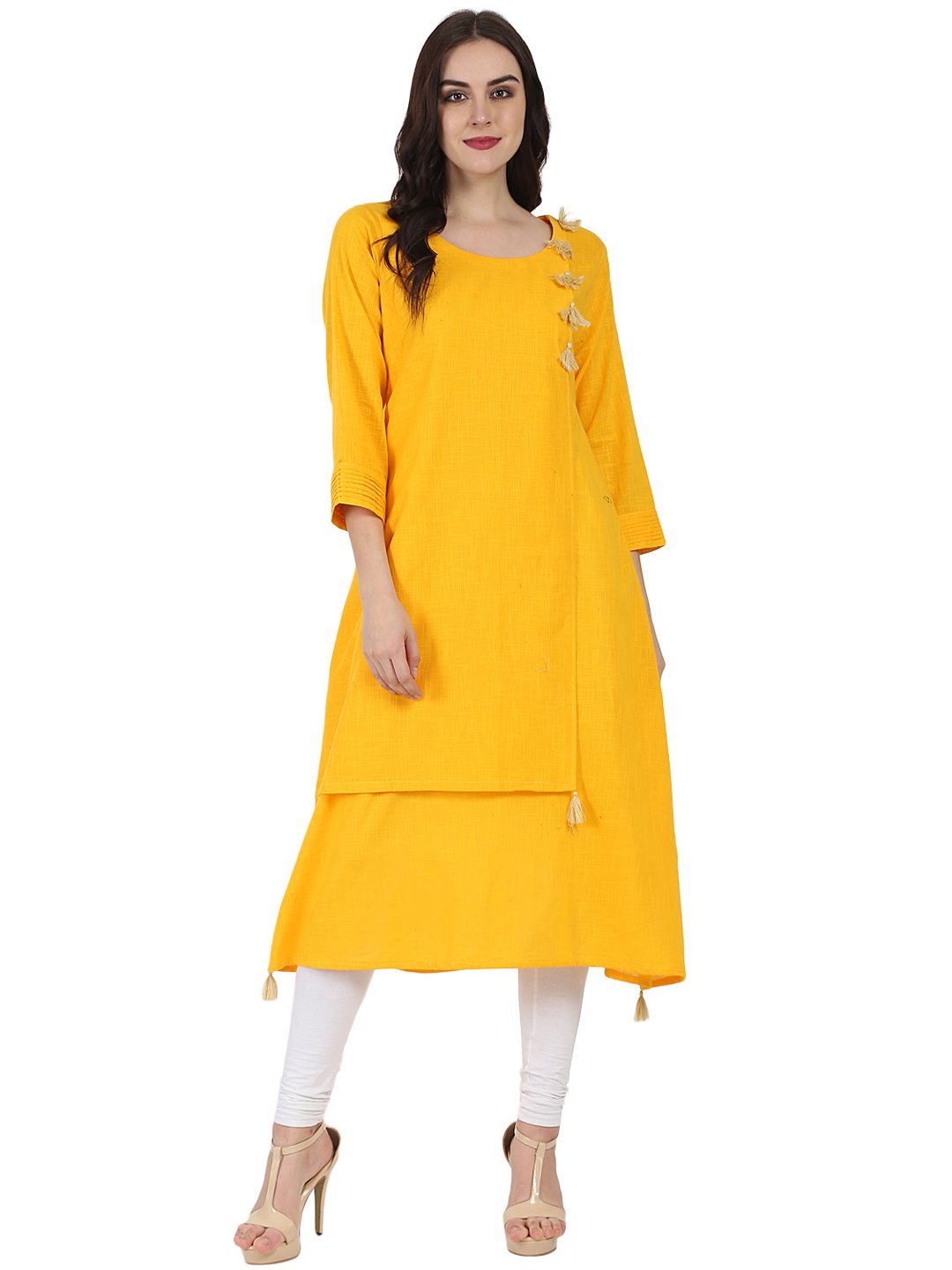 Yellow 3/4Th Sleeve Cotton Slub A-Line Kurta | LASVINI - Redefining Indian Fashion with Elegance