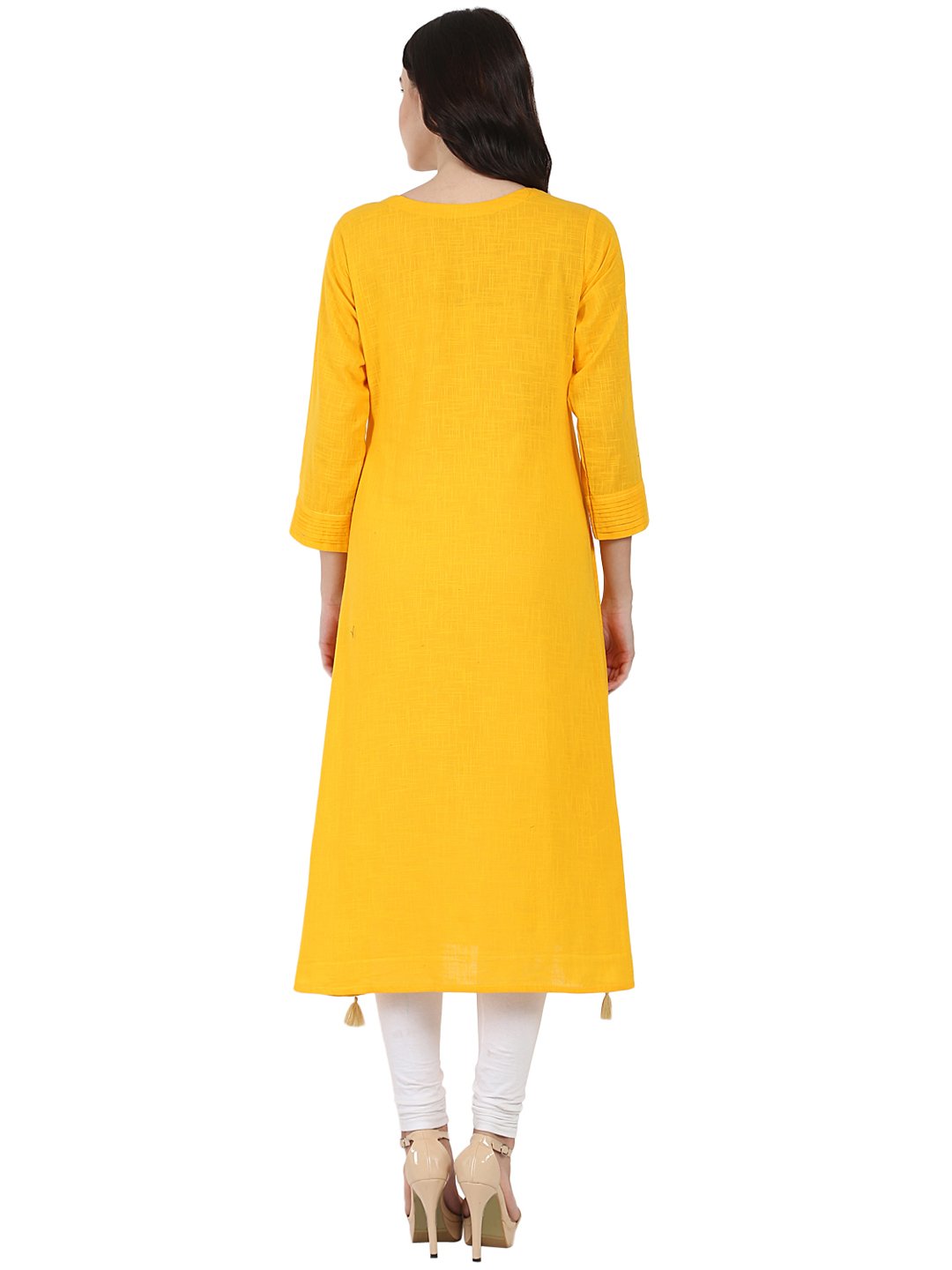 Yellow 3/4Th Sleeve Cotton Slub A-Line Kurta | LASVINI - Redefining Indian Fashion with Elegance