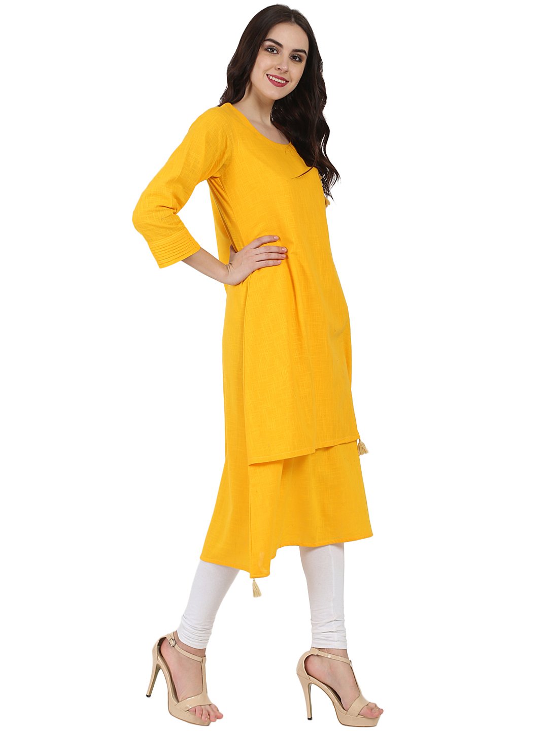 Yellow 3/4Th Sleeve Cotton Slub A-Line Kurta | LASVINI - Redefining Indian Fashion with Elegance