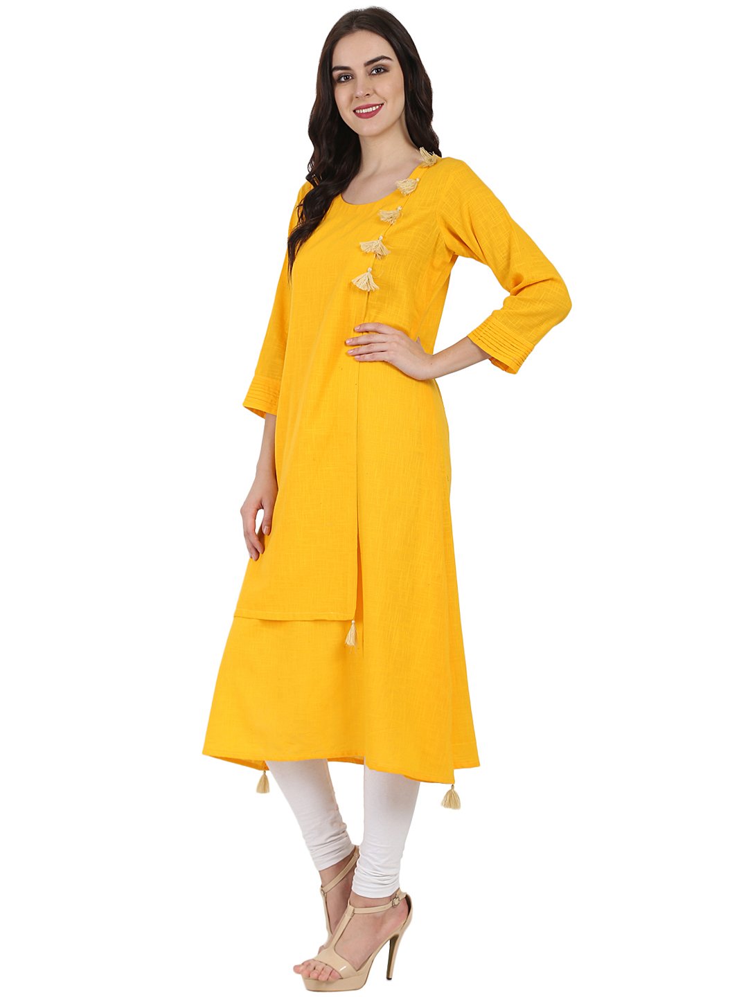 Yellow 3/4Th Sleeve Cotton Slub A-Line Kurta | LASVINI - Redefining Indian Fashion with Elegance