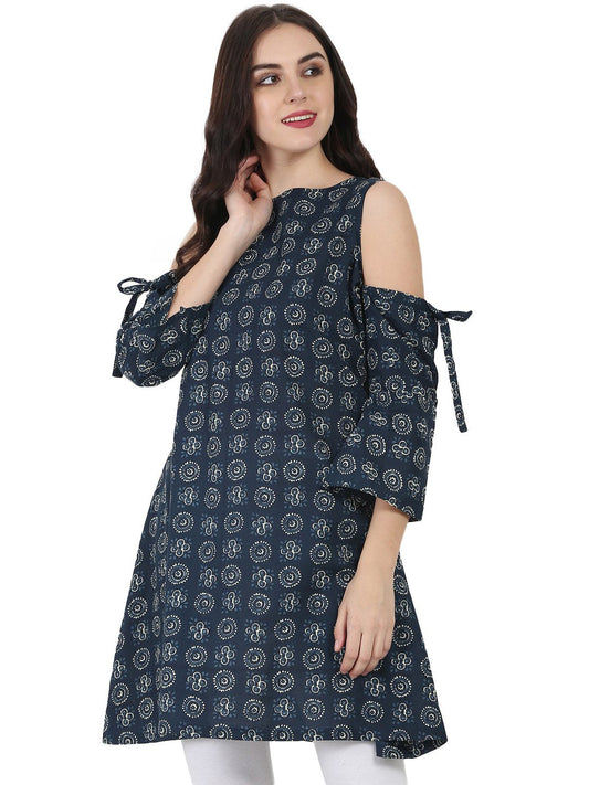Blue Printed Short Sleeve Cotton Kurta | LASVINI - Redefining Indian Fashion with Elegance