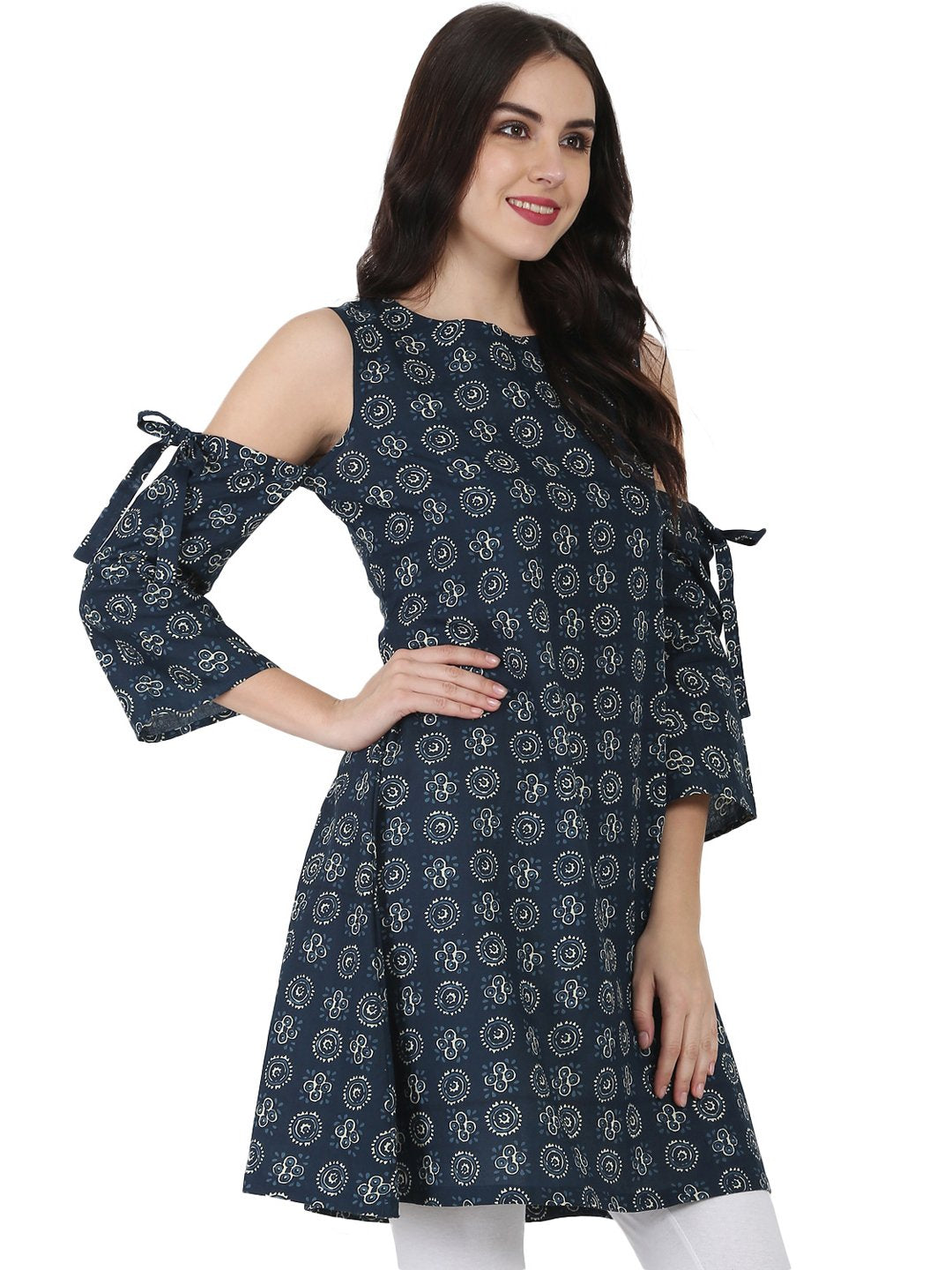 Blue Printed Short Sleeve Cotton Kurta | LASVINI - Redefining Indian Fashion with Elegance