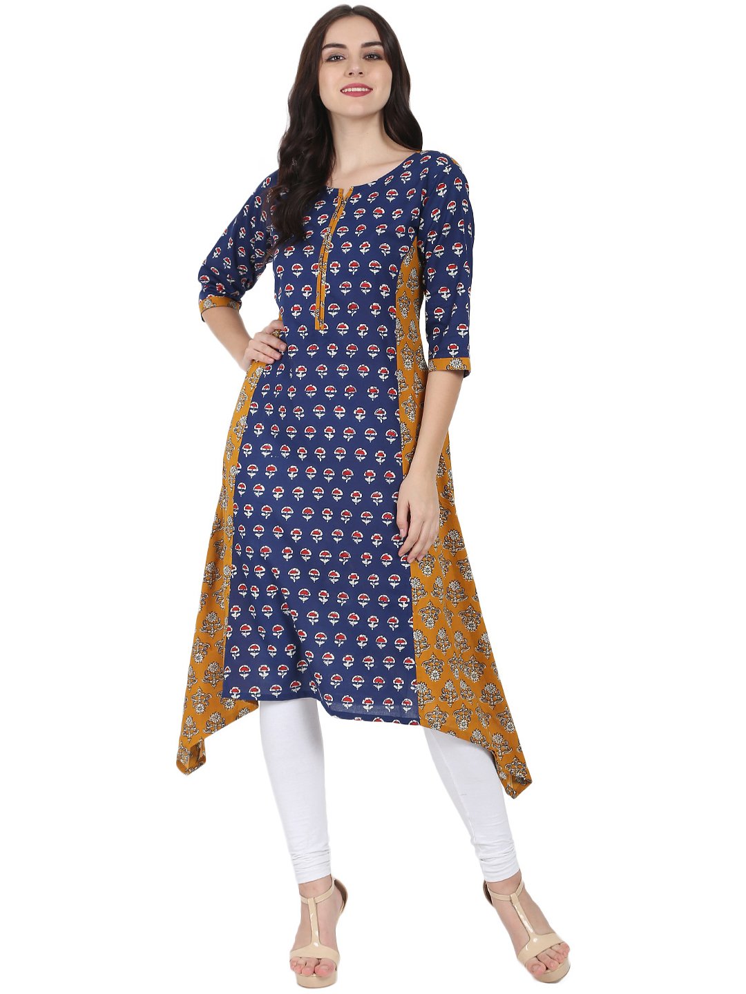 Blue & Yellow Printed 3/4Th Sleeve Cotton A-Line Kurta | LASVINI - Redefining Indian Fashion with Elegance