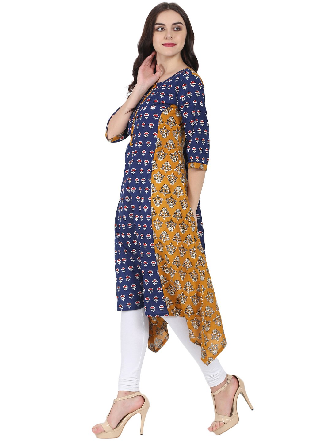 Blue & Yellow Printed 3/4Th Sleeve Cotton A-Line Kurta | LASVINI - Redefining Indian Fashion with Elegance