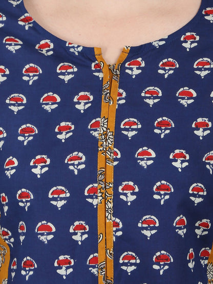 Blue & Yellow Printed 3/4Th Sleeve Cotton A-Line Kurta | LASVINI - Redefining Indian Fashion with Elegance